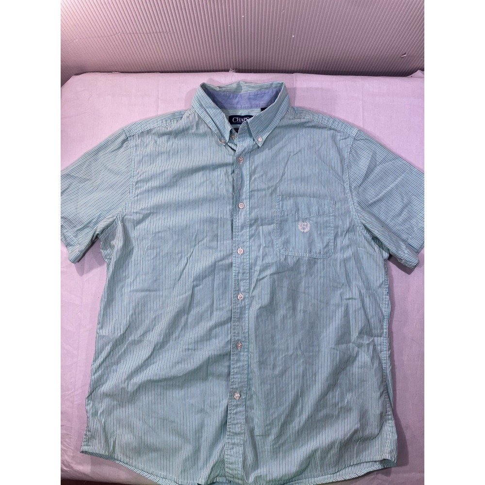 Chaps Mens‎ Striped Short Sleeve Button Down Shirt Green White Blue Size XL